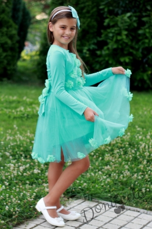 Официална детска рокля Теа с тюл в тюркоаз/мента с  3D розички и с болеро
