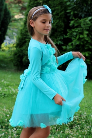 Официална детска рокля Теа с тюл в тюркоаз/мента с  3D розички и с болеро