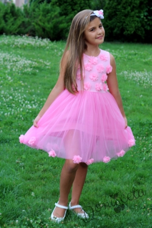 Официална детска рокля в розово с 3D рози и с болеро