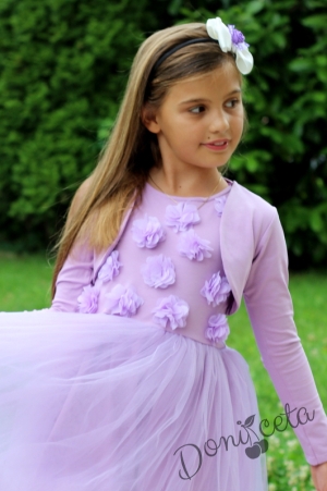 Официална детска рокля Лилия в лилаво с 3D рози с болеро 