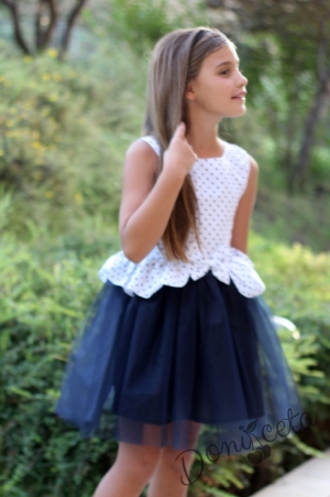 Официална детска рокля с тюл и болеро в тъмносиньо