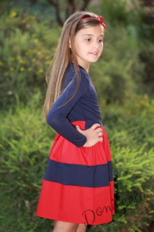 Детска рокля с дълъг ръкав  в червено и тъмносиньо