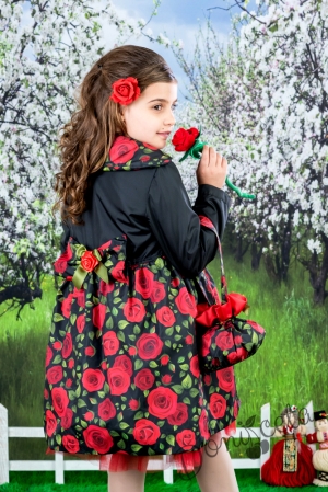 Комплект от шлифер с рокля в от неопрен в черно с червени рози