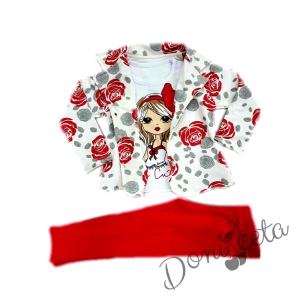 Комплект от 3 части -сако  на розички, панталонки в червено и блузка в бяло с момиченце