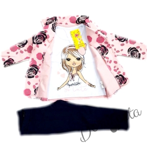 Комплект от 3 части -сако  на розички, панталонки и блузка в бяло с момиченце