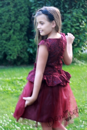 Официална детска рокля в бордо с дантела и тюл