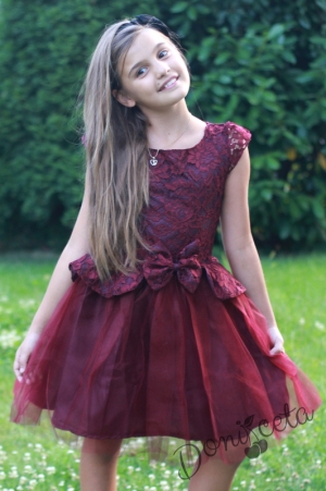 Официална детска рокля в бордо с дантела и тюл