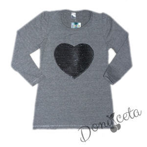 Children's blouse in gray with heart of  sequins in silver