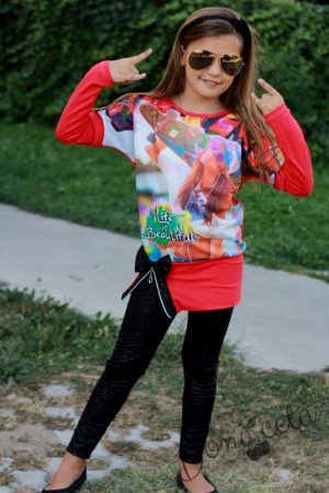 Children's set of a blouse in ruspberry with tight in black