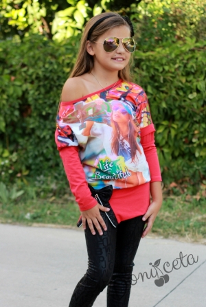 Children's set of a blouse in ruspberry with tight in black