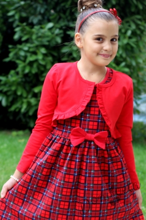 Детска рокля в каре с болеро в червено
