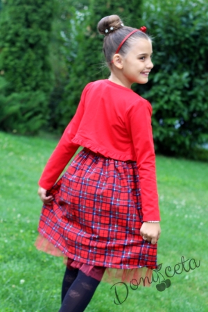 Детска рокля в каре с болеро в червено