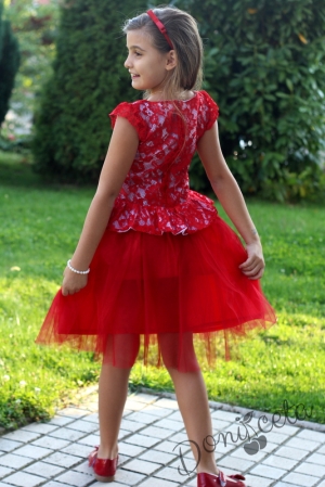Официална детска рокля в червено с дантела и тюл