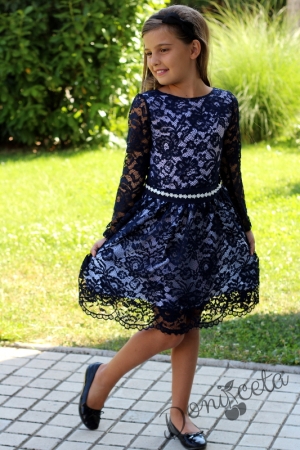 Official children's dress with long sleeves in lace in dark blue