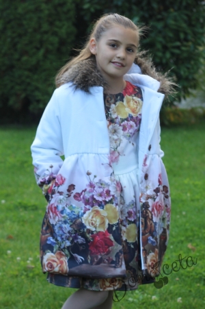 Комплект от  детска рокля на цветя с палто с качулка в еднакъв десен Вики