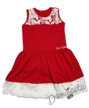 Детска рокличка в червено с бяла дантела