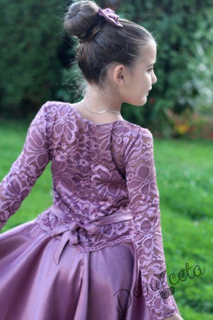 Официална детска рокля с дълъг ръкав от дантела и сатен в пепел от рози