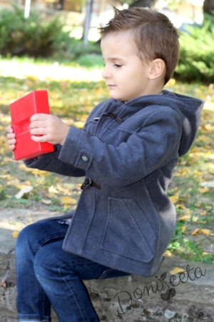 Детско палто за момче в сиво с качулка