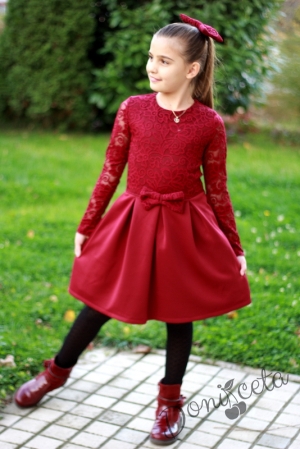 Официална детска рокля с дълъг ръкав в дантела в бордо Бара