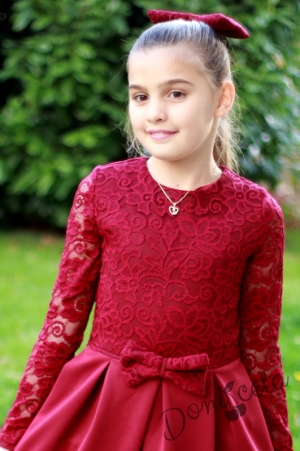 Официална детска рокля с дълъг ръкав в дантела в бордо Бара