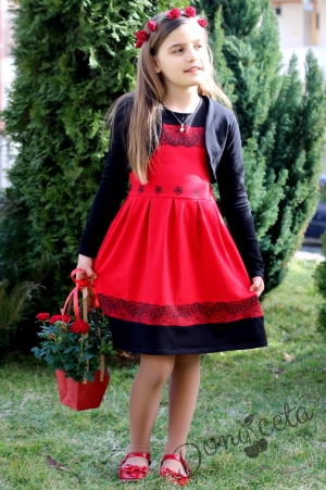 Ватирана детска рокля в червено с болеро в черно