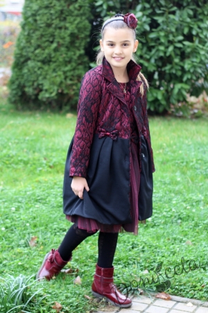 Детско манто за момиче с дантела в бордо и черно