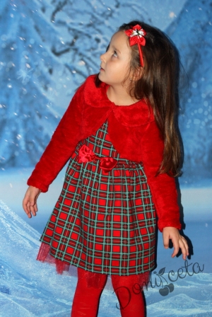Детска рокля в каре с пухкаво болеро в червено