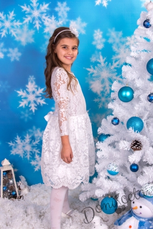Официална детска рокля с дълъг ръкав в дантела в бяло