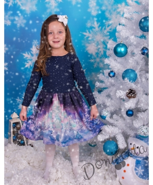 Детска рокля с дълъг ръкав със зимна картинка в тъмносиньо