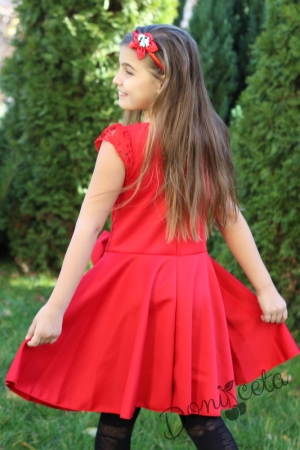 Официална детска рокля  Ади с къс ръкав в дантела и неопрен в червено
