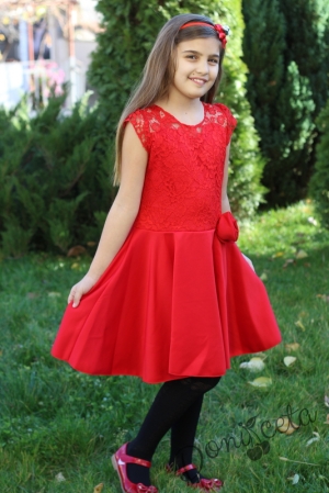 Официална детска рокля  Ади с къс ръкав в дантела и неопрен в червено
