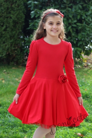 Детска рокля с дълъг ръкав в червено 
