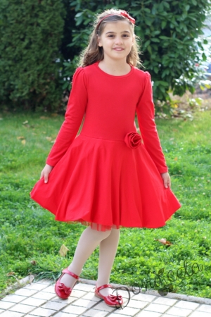 Детска рокля с дълъг ръкав в червено 