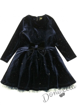 Плюшена детска рокля с дълъг ръкав в тъмносин цвят