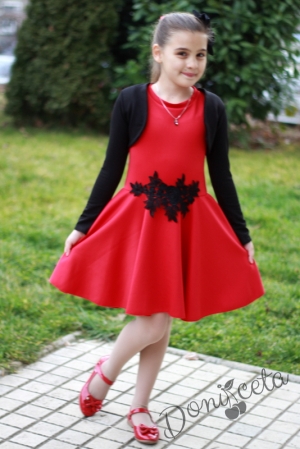 Детска рокля в червено от неопрен с болеро в черно
