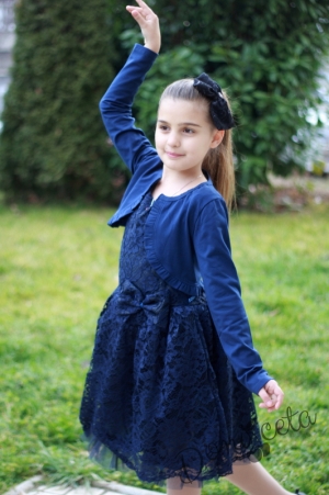 Празнична детска дантелена рокля в тъмносиньос къс ръкав с болеро в тъмносиньо