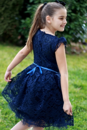 Празнична детска дантелена рокля в тъмносиньос къс ръкав с болеро в тъмносиньо