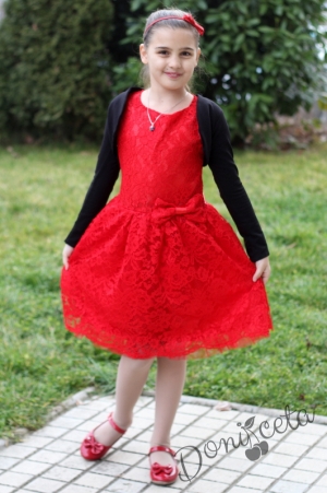 Официална детска дантелена рокля в червенo с болеро