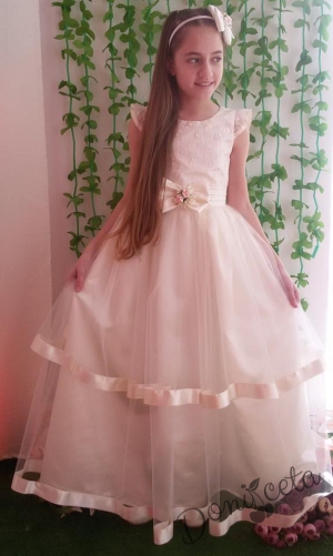 Официална детска дълга рокля в екрю 