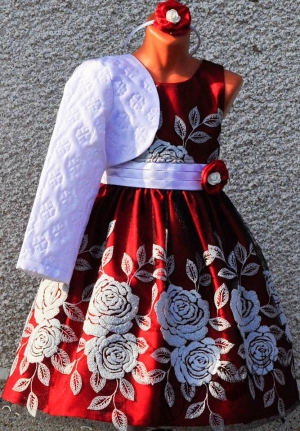 Детска рокля в червено с бели цветя с болеро в бяло