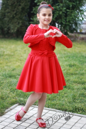 Официална детска рокля в червена дантела с болеро