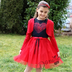 Официална детска рокля със сърце от розички и тюл и болеро в червено