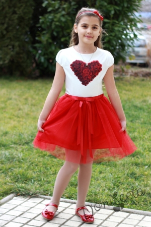 Официална детска рокля със сърце и тюл и болеро в червено