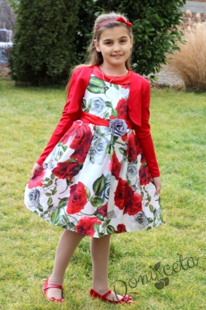 Официална детска рокля в бяло с червени рози с болеро