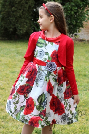 Официална детска рокля в бяло с червени рози с болеро