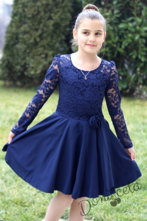 Официална детска дантелена рокля с дълъг ръкав в тъмносиньо 47393