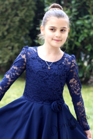Официална детска дантелена рокля с дълъг ръкав в тъмносиньо Даринка