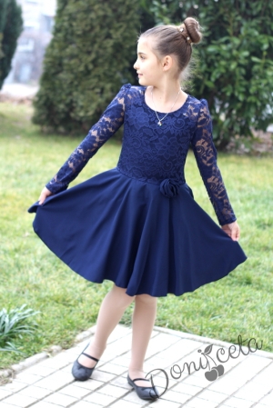 Официална детска дантелена рокля с дълъг ръкав в тъмносиньо Даринка