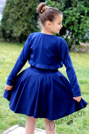 Официална детска дантелена рокля с къс ръкав в тъмносиньо с болеро с къдрички