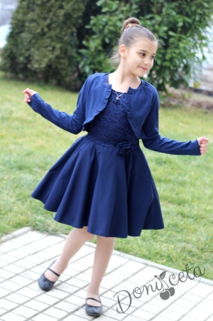 Официална детска дантелена рокля с къс ръкав в тъмносиньо с болеро с къдрички